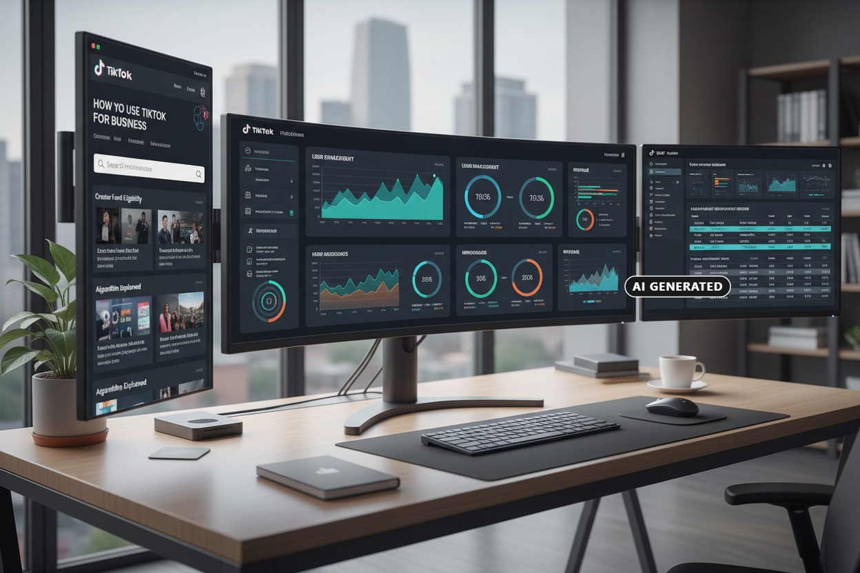 A home office desk features a triple-monitor setup displaying various data dashboards and business metrics. (AI-generated)