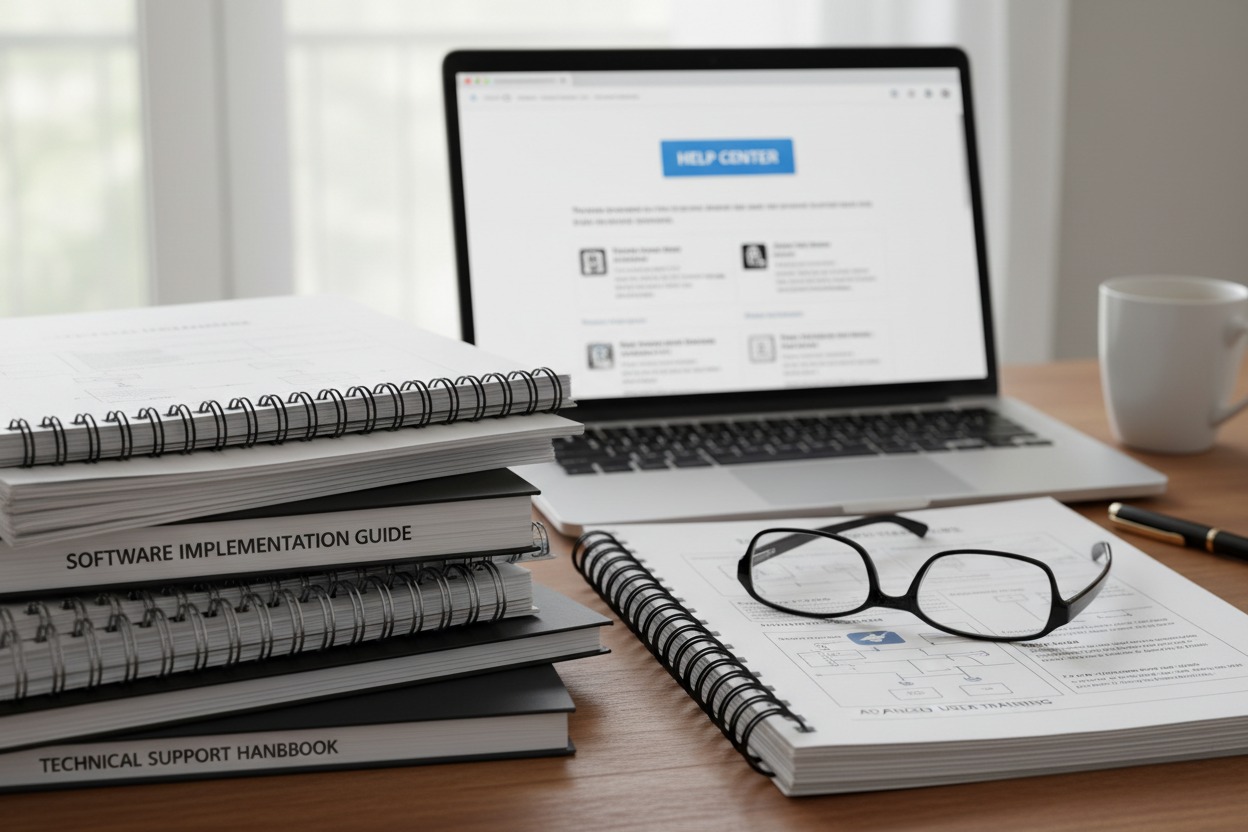 A stack of manuals, including a Software Implementation Guide and a Technical Support Handbook, sits beside an open laptop, a pair of glasses, and a mug on a desk.