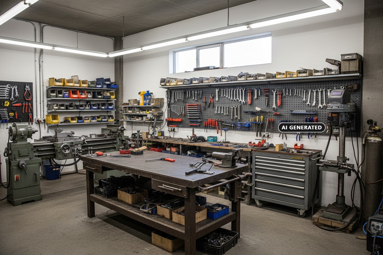 A well-equipped workshop with tools hanging on pegboards, shelves of small parts, a large wooden workbench in the center, a metal lathe on the left, and a drill press on the right. (AI-generated)